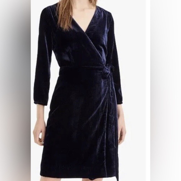 J. Crew Navy Blue Velvet Wrap Party Dress Tie Waist Long Sleeve Sz 2 Retail $148 - Picture 1 of 12